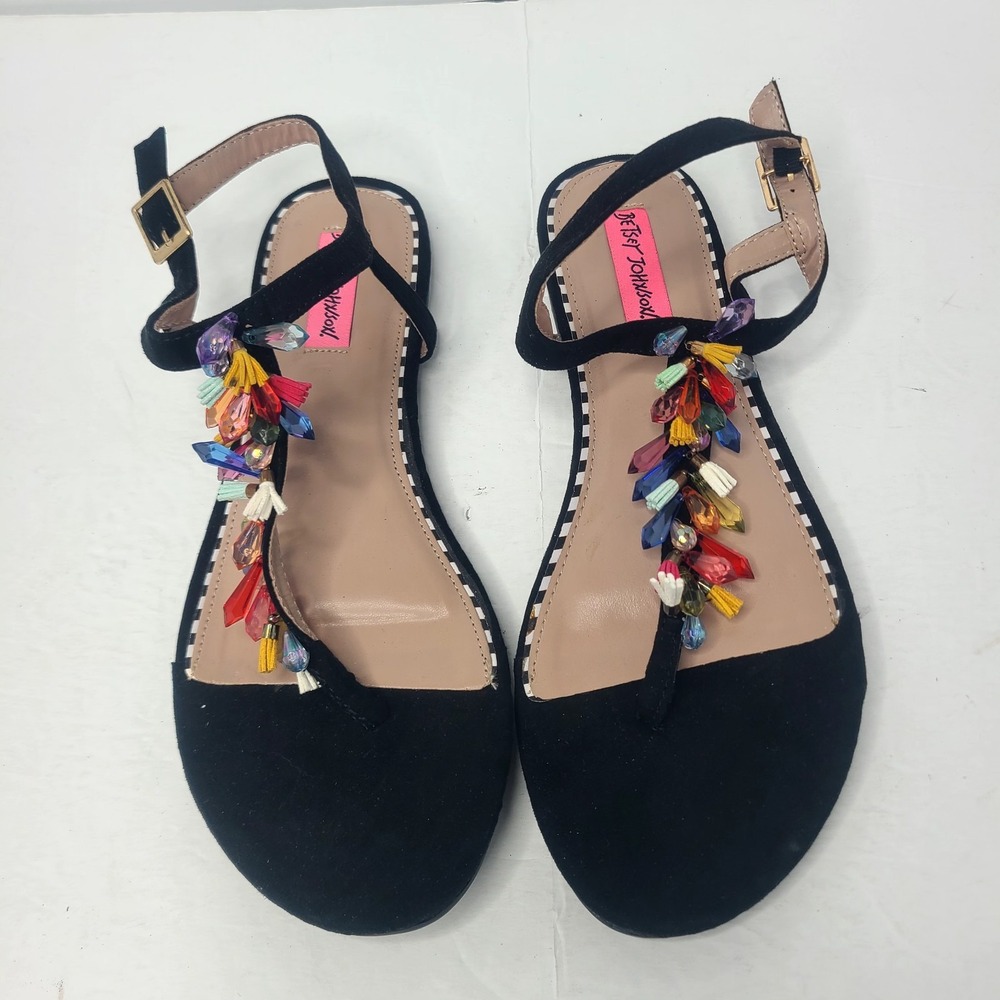 Betsey Johnson Colorful Gemstone T-Strap Flat Sandals Black Boho Bling 8.5 - Picture 5 of 9